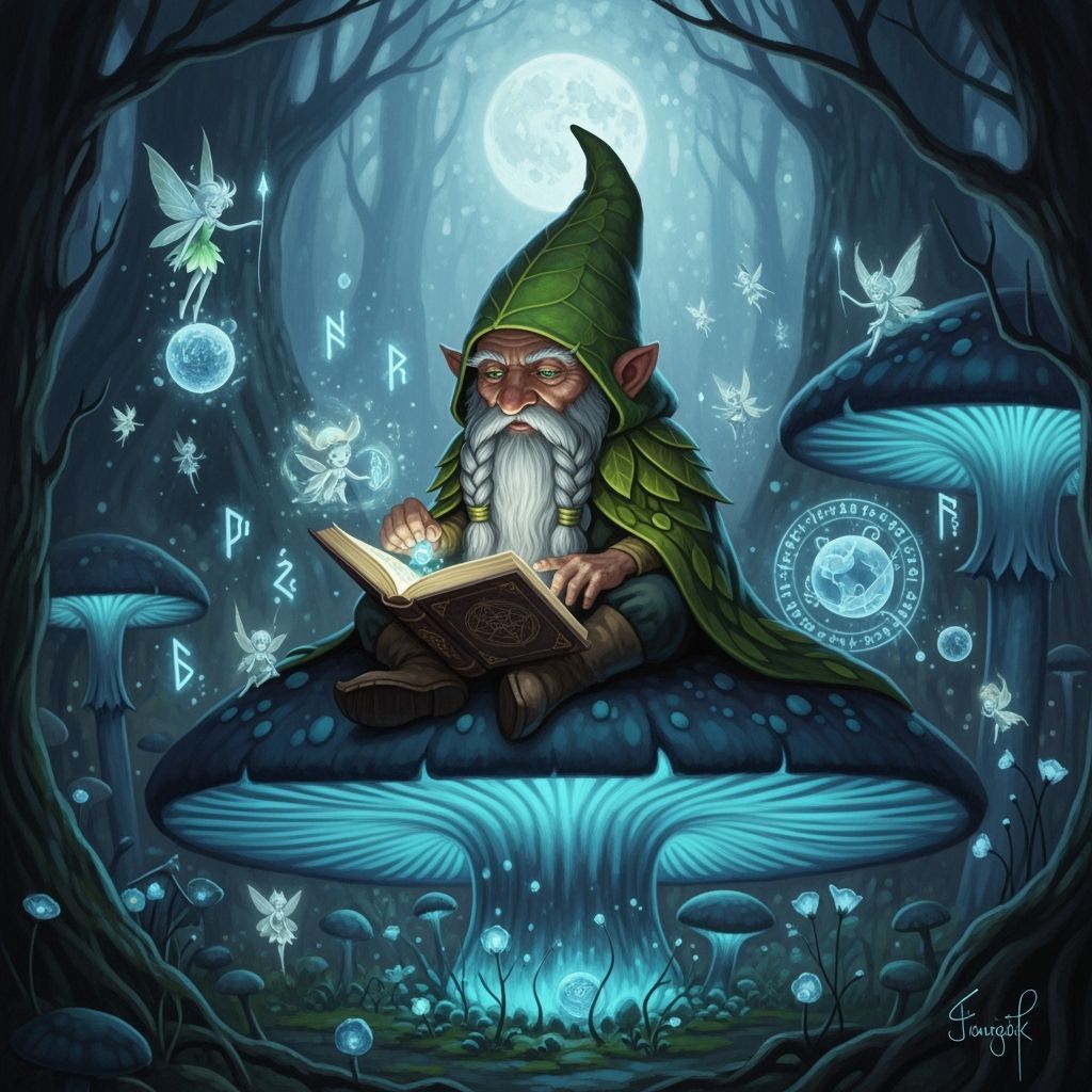 Enchanted Gnome Reading in Mystical Forest