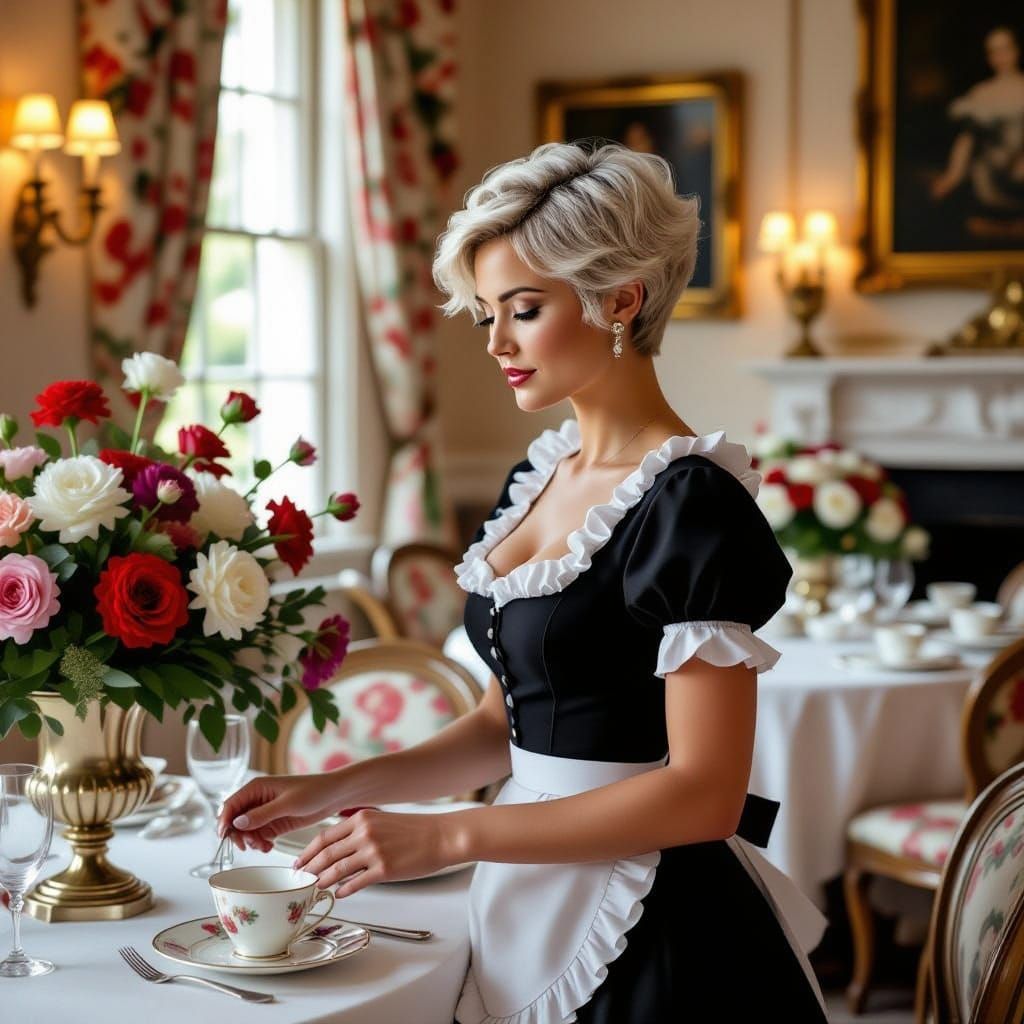 Elegant Woman Inspects Grand Flower Arrangements in Mansion