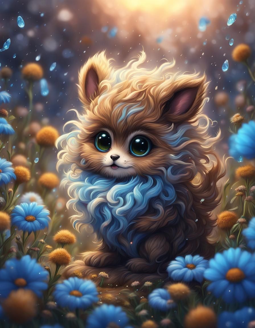 Fluffy Fantasy Creature in Flower Rain