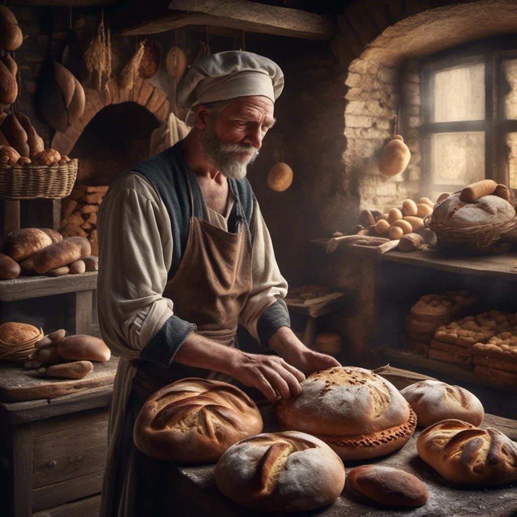 Hyperrealistic Medieval Bakery Photo with Baker