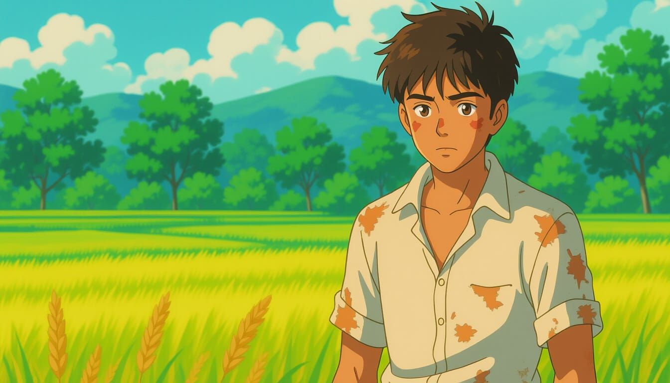 Young Indian Man in Rural Anime Style