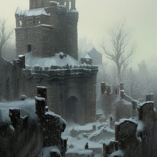 Snow-Covered Skull Castle Ruins in Fantasy Art Style
