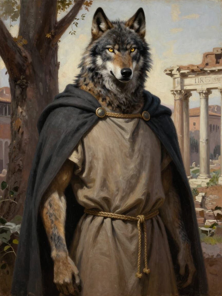 Anthropomorphic Wolf Gladiator in Roman Forum Oil Painting