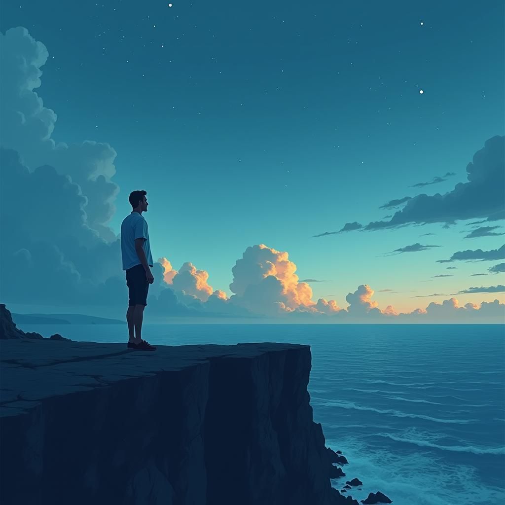 Man on Cliff Edge in Manga Anime Style