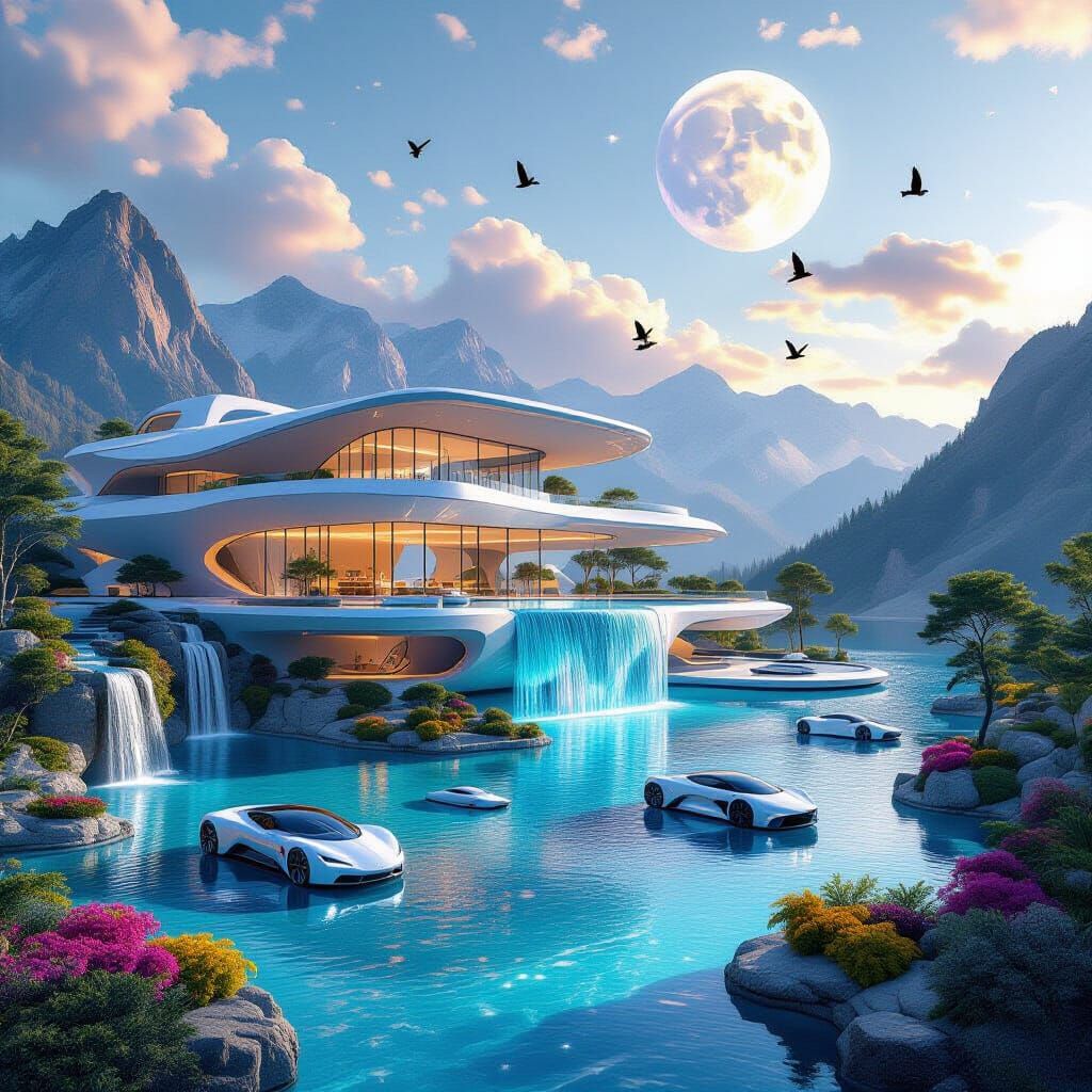 Futuristic Mansion Over Crystal Lake in Surreal Mountain Lan...