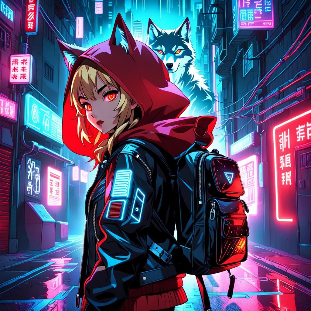 Red Riding Hood and Wolf in Cyberpunk Anime Style