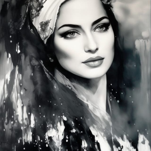 Monochrome Piano Girl in Ink Art Style