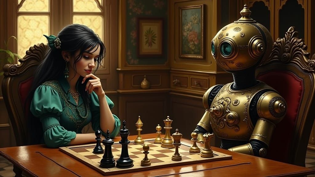 Fairy and Robot Play Chess in Victorian Kitchen