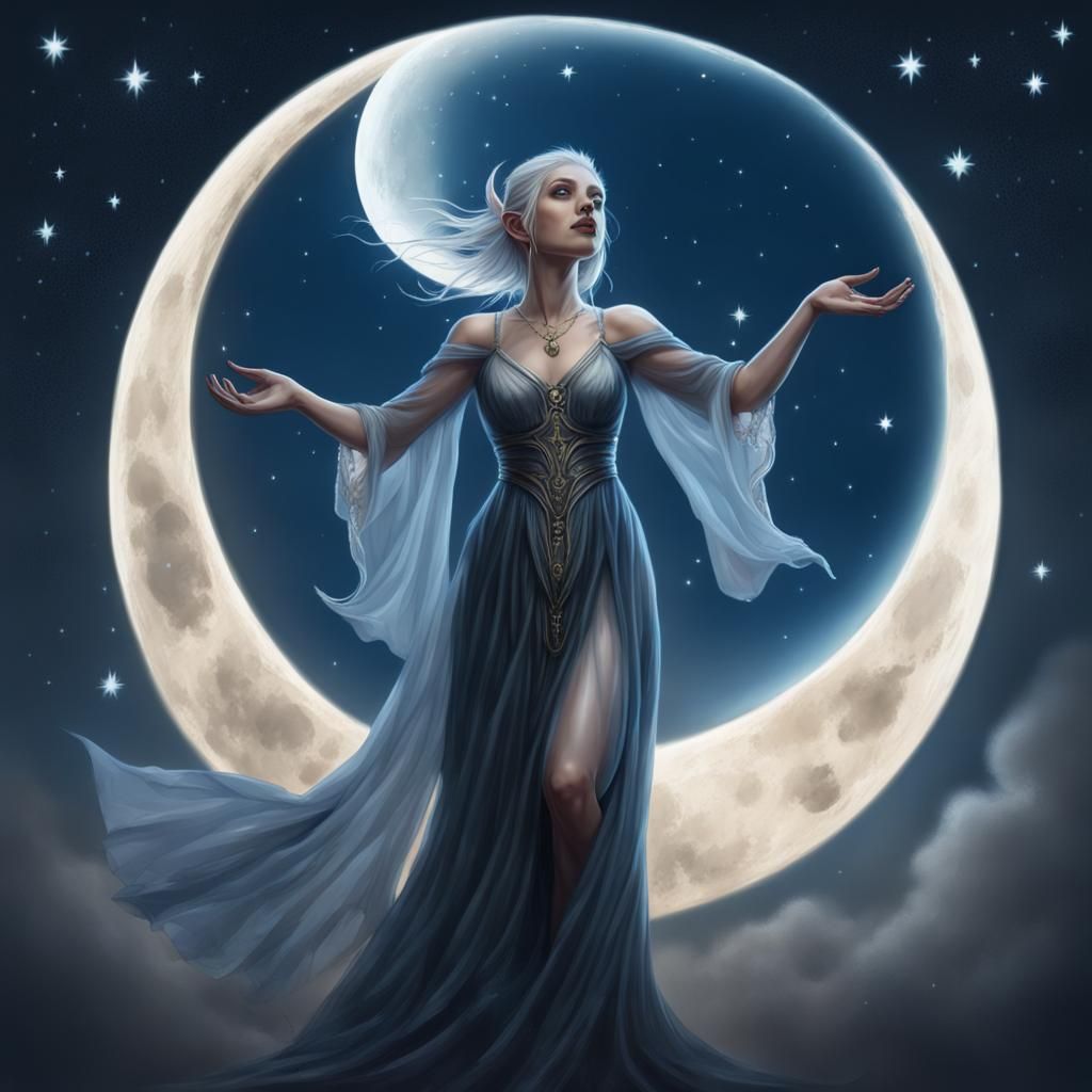 Moon Elf Casting Spell Under Blue Moon