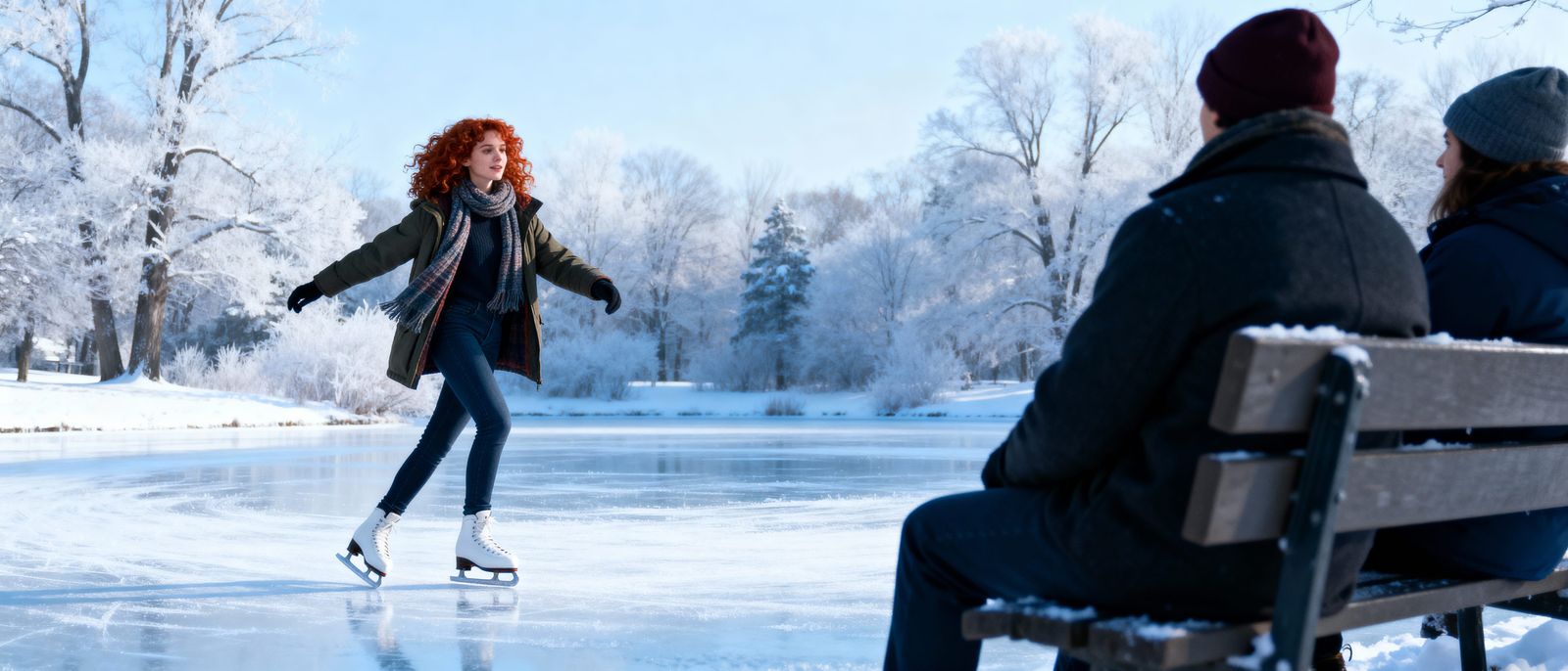 Woman Ice Skating on Frozen Pond in Winter
