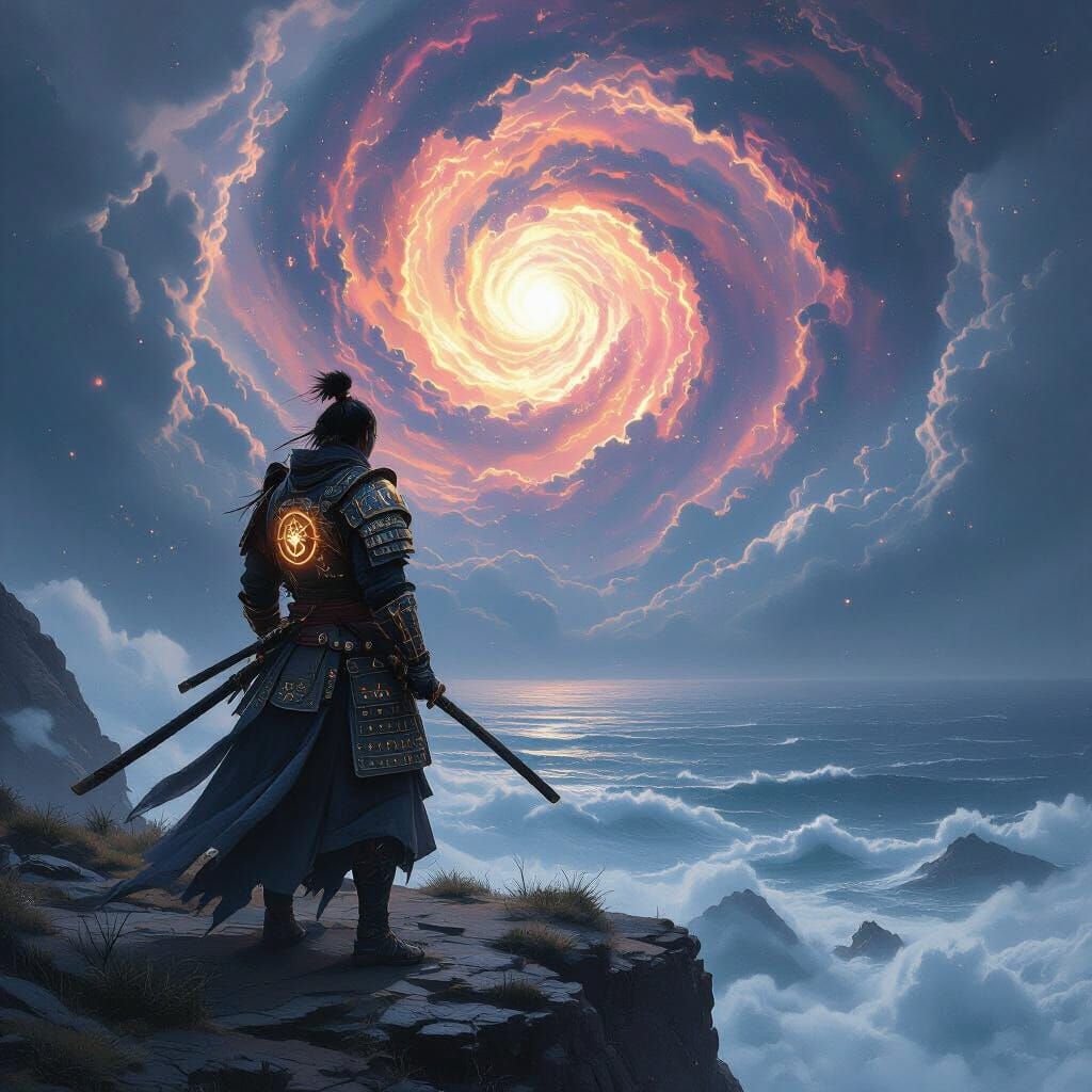 Samurai Warrior on Cliff Overlooking Cosmic Sea