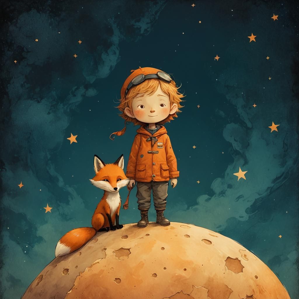 Boy and Fox on Moon in Dark Fantasy Style