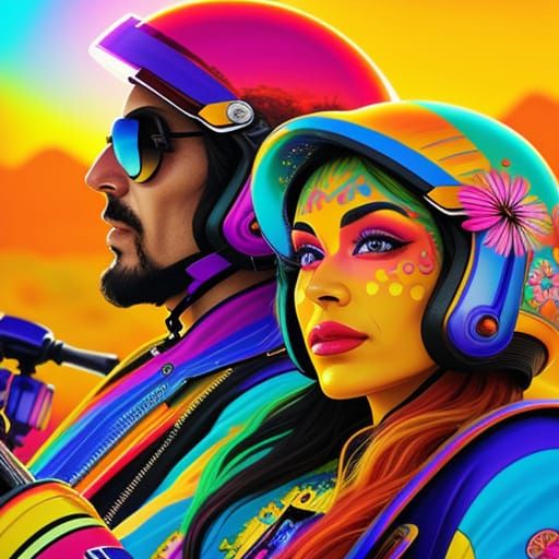 Psychedelic Hippies Ride Motorcycles on Sunlit Road