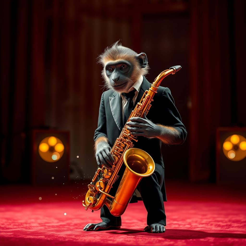 view of a monkey in a black suit playing jazz using a saxoph...