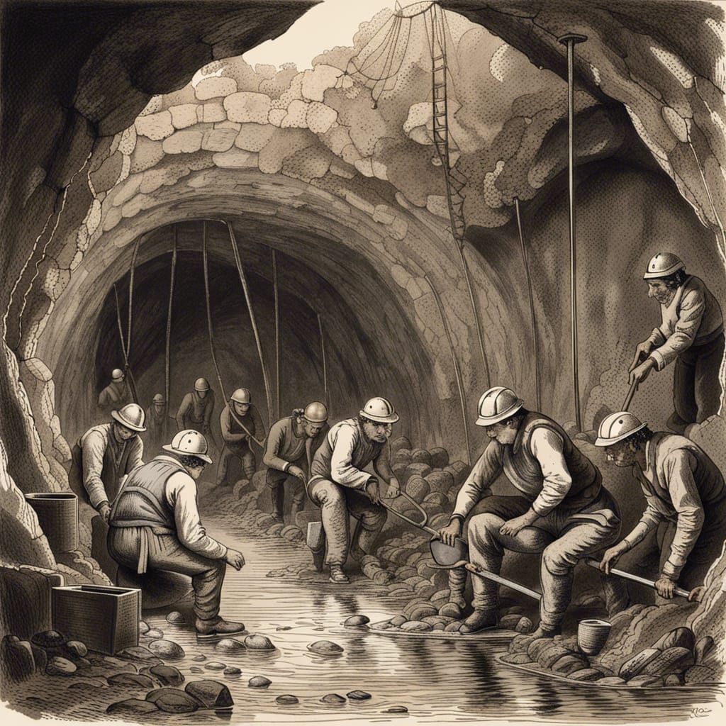 Cornish Tin Miners at Work: Pen and Ink Sketch