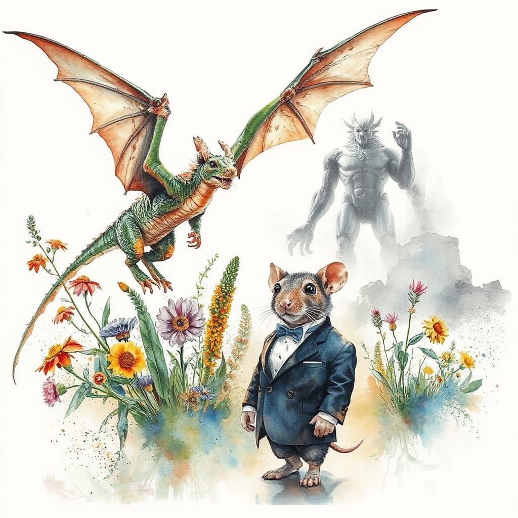 Dragon and Mouse Watercolor Painting in Ethereal Style