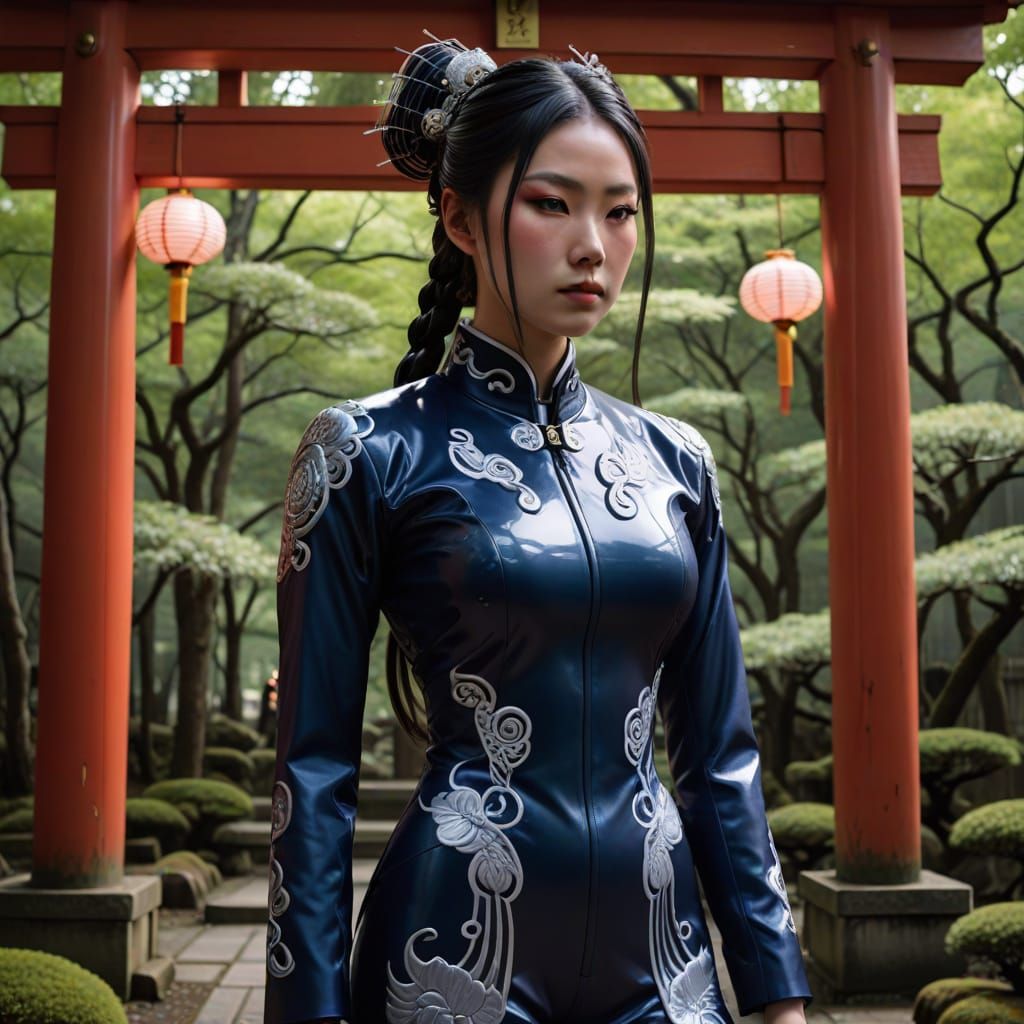 Elaborate Shrine Maiden in Cyberpunk-Inspired Latex Bodysuit