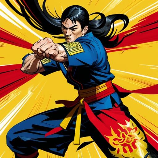 Dynamic Martial Arts Kick in Comic Book Style