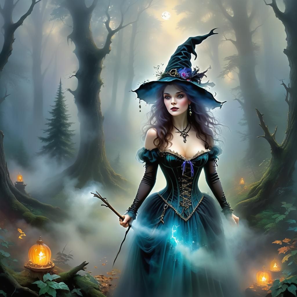 Ethereal Forest Witch in Mist, Fantasy Art