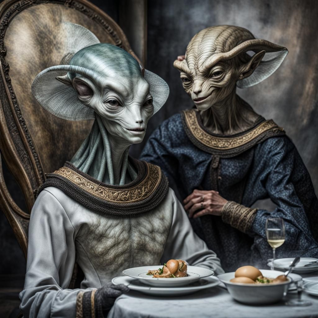 Surreal Alien Restaurant Celebration in Hyperreal Style
