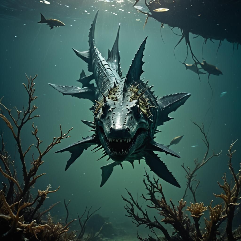 Terrifying Lizard-Shark Hybrid in Dark Fantasy Style