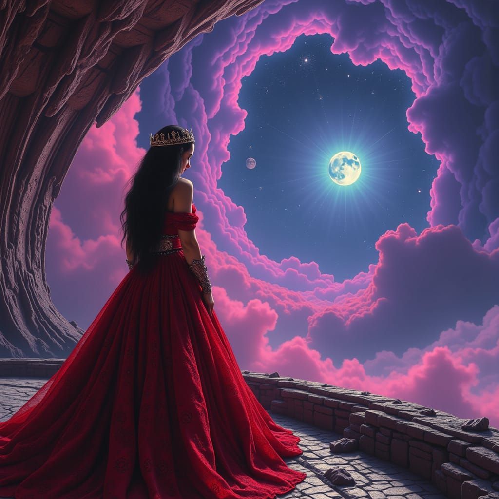 Brunette Tsarina in Ruby Gown on Starship Observation Deck