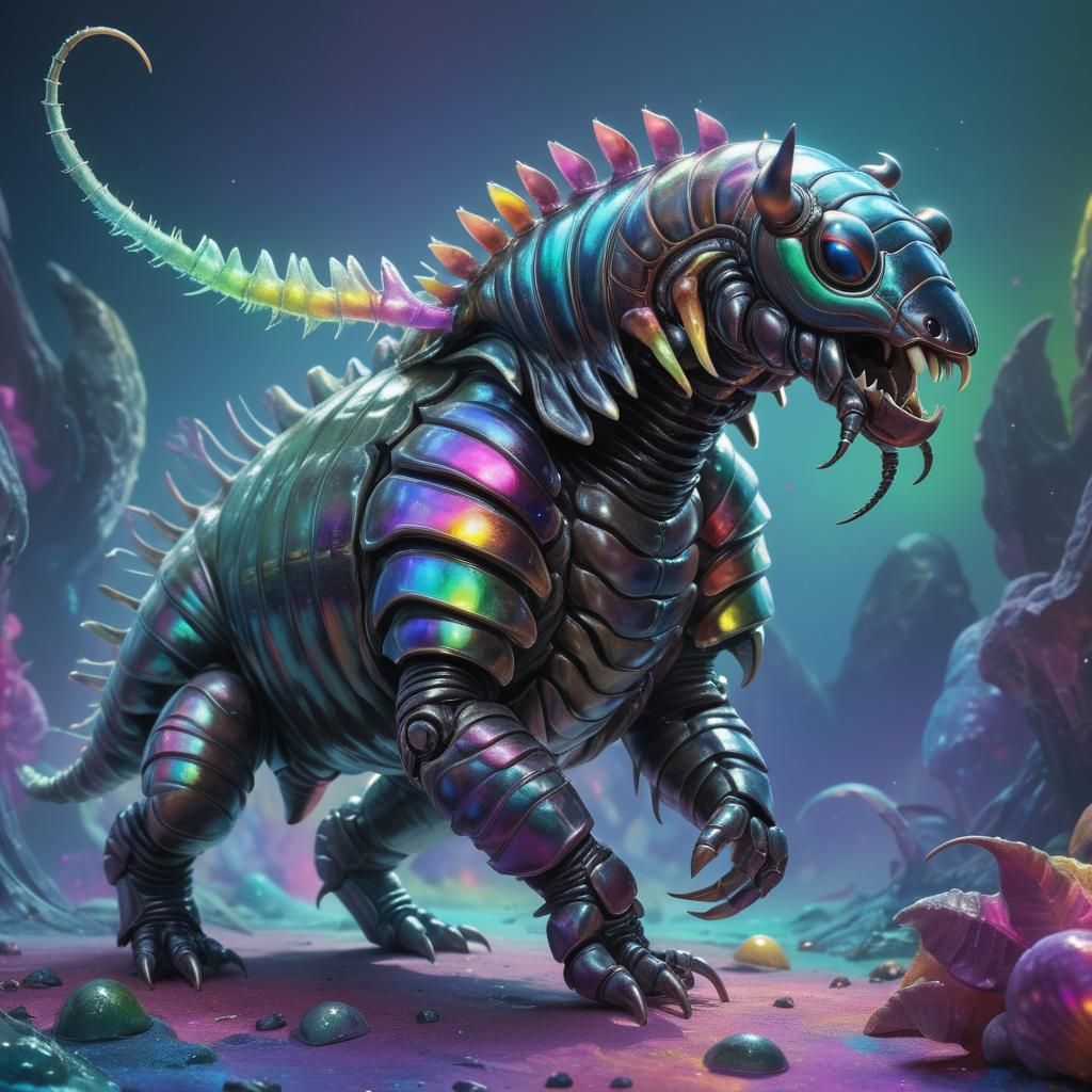 Rainbow Armored Trilobite-Ant Creature with Glowing Apes