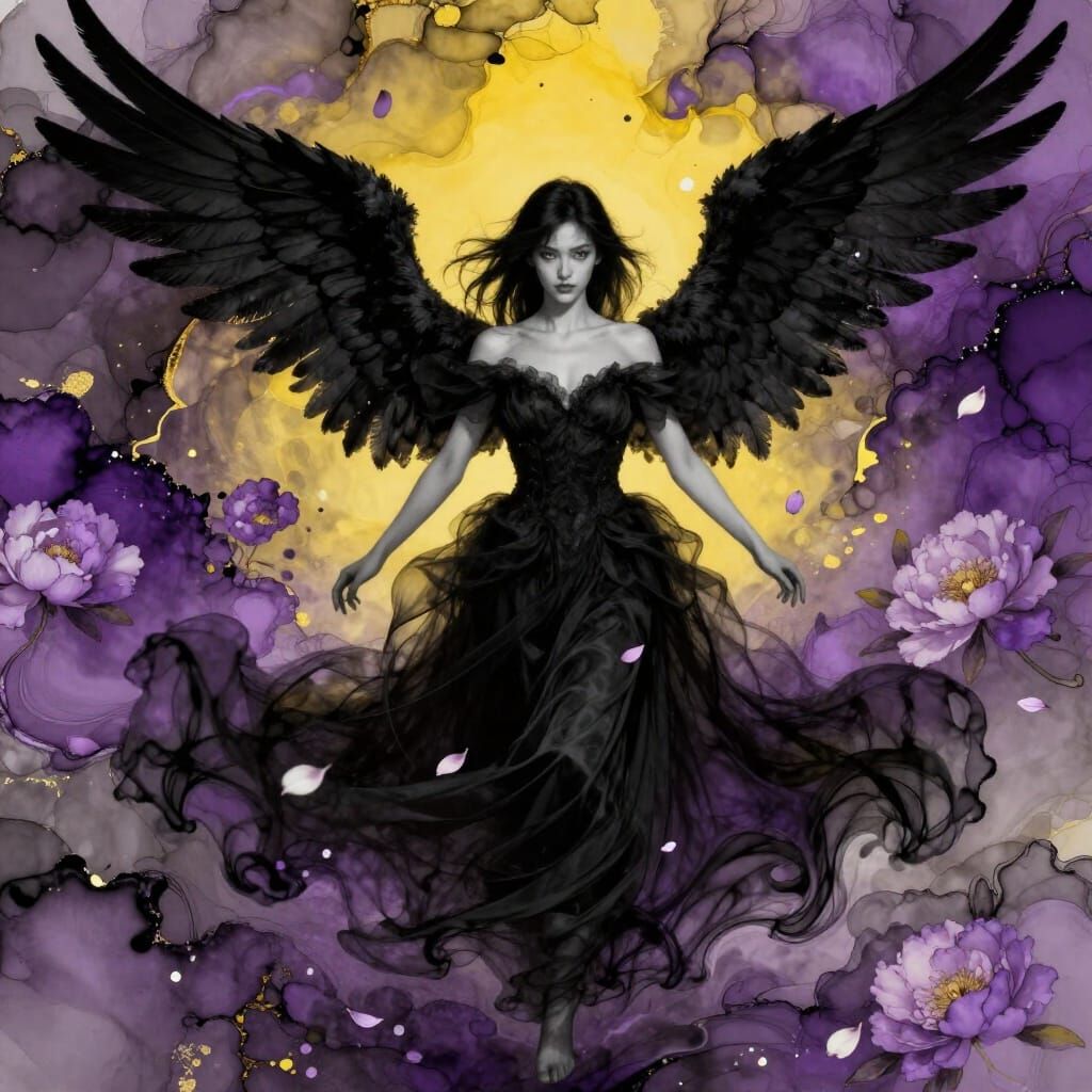 Dark Angel in Peony Petals Alcohol Ink Style