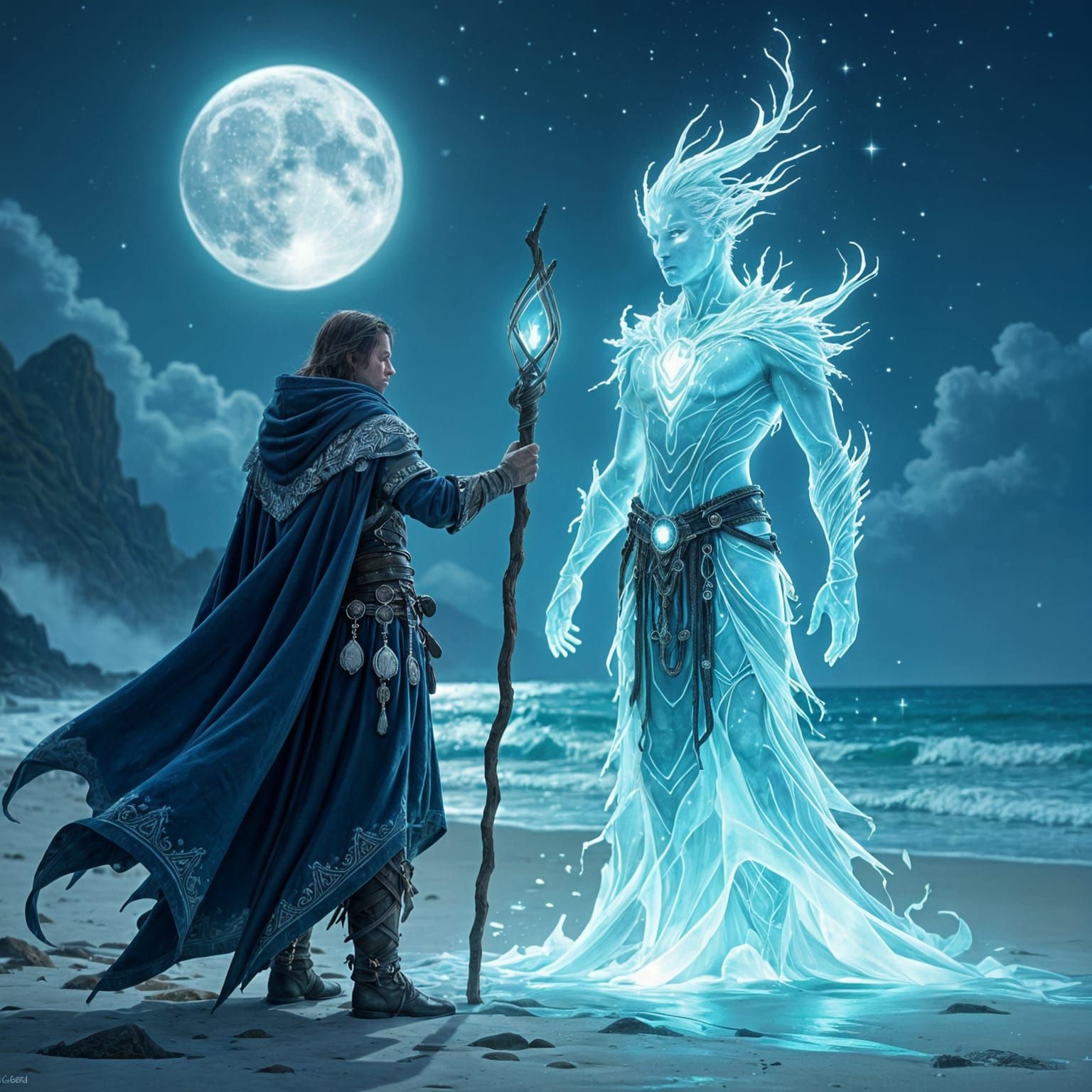 Sea Glass Spirit and Finn Under Moonlit Sky