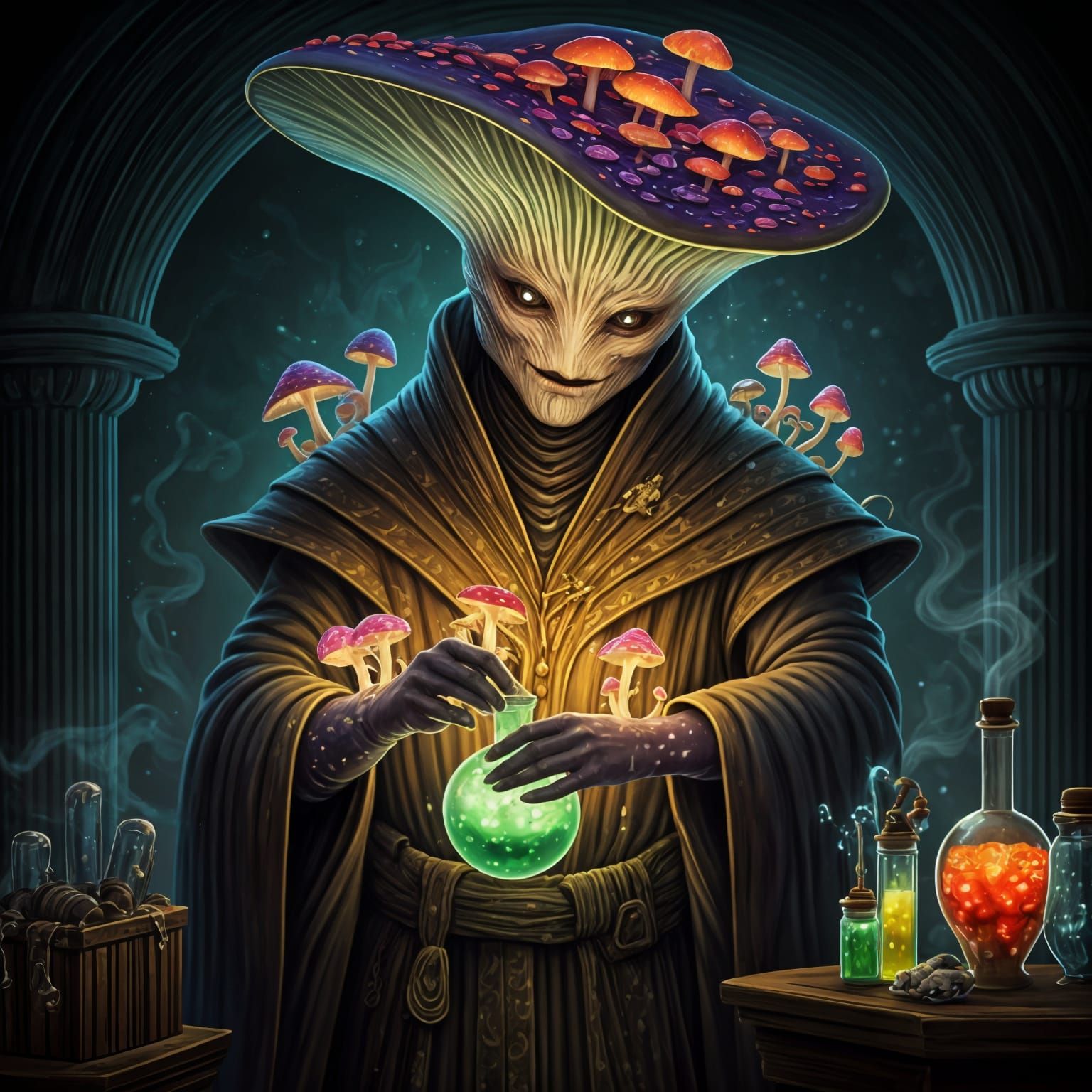 Myconoid Alchemist Brewing Mushroom Potions