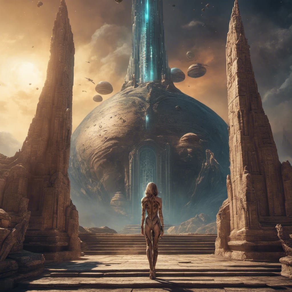 Alien Woman at Ancient Temple: Detailed Matte Painting