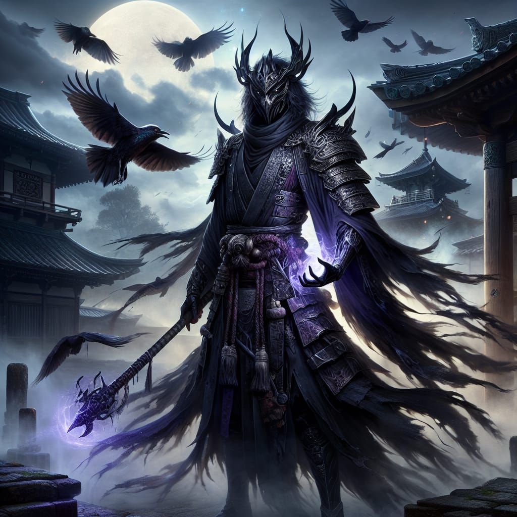 Dark Fantasy Kannushi Stands Amidst Raven Feathers and Fog