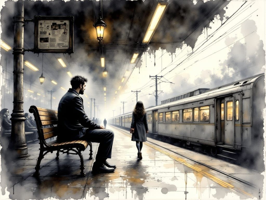 A Man Waits Alone in Flickering Train Station Lights
