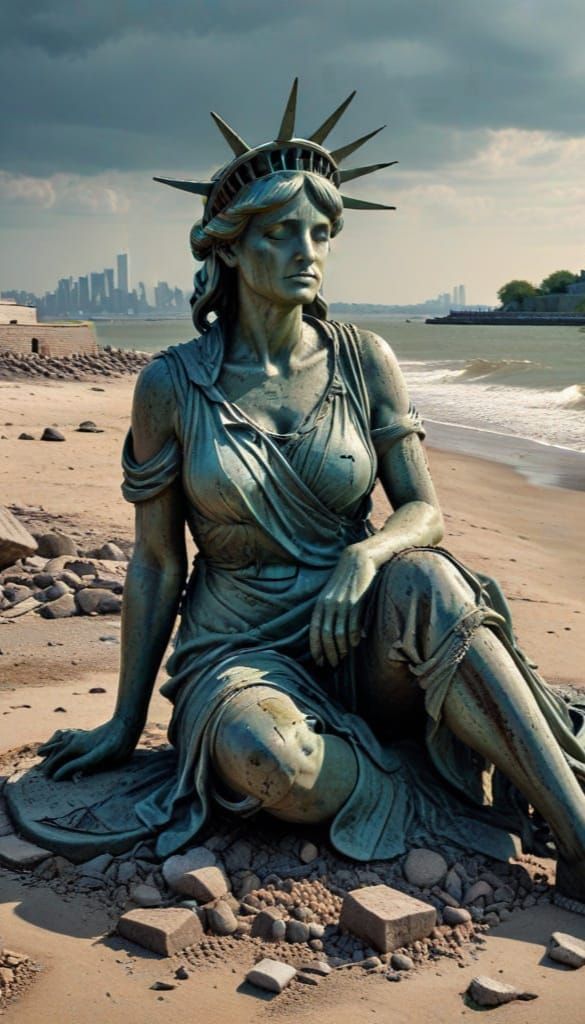 Apocalyptic Statue of Liberty on Ruined Beach