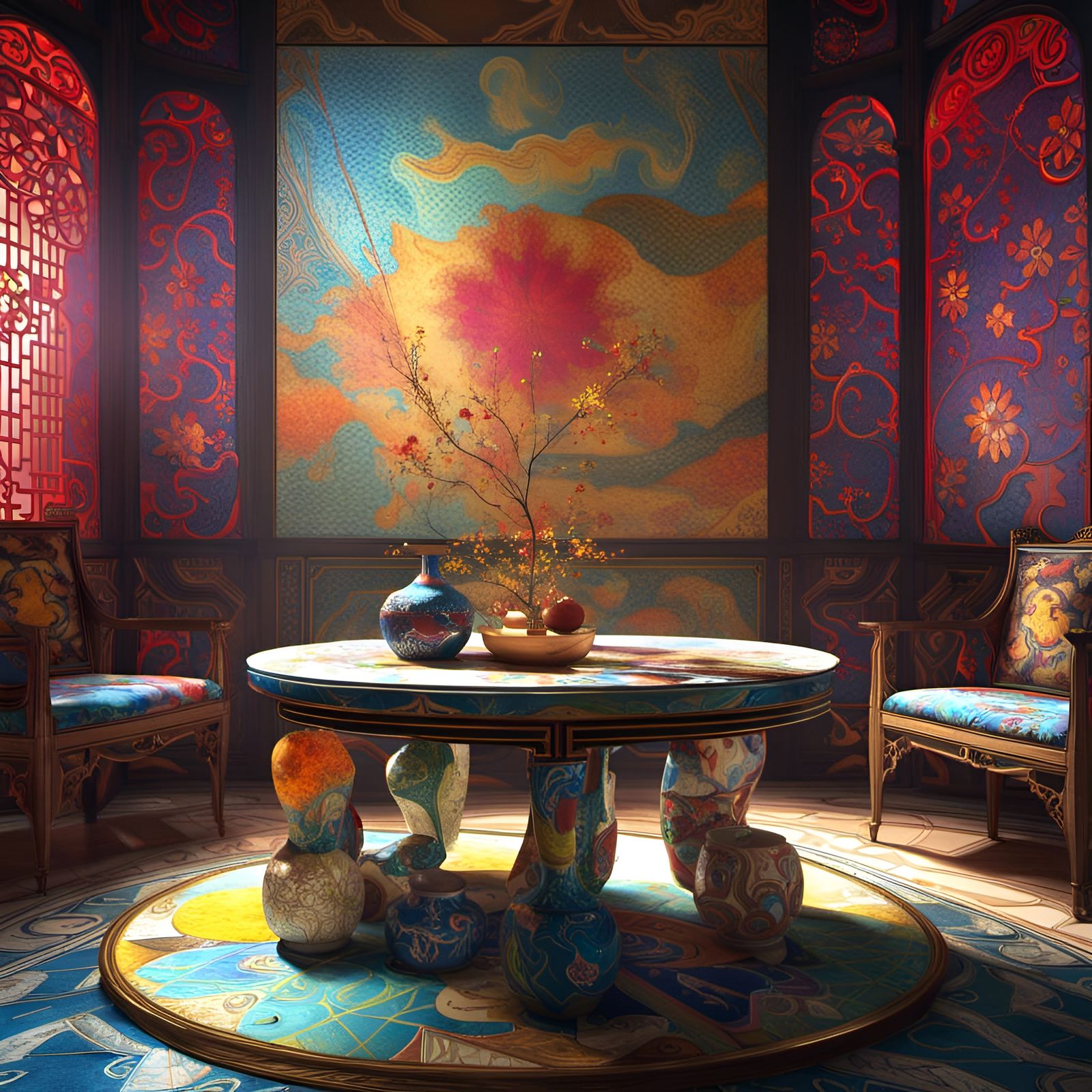 Surreal Objects on Ancient Table in Fractal Art Style