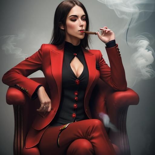 Female CEO in Red Suit Smoking Cigar