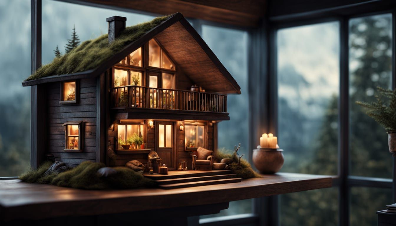 Hyper Realistic Miniature Cabin on Window Shelf