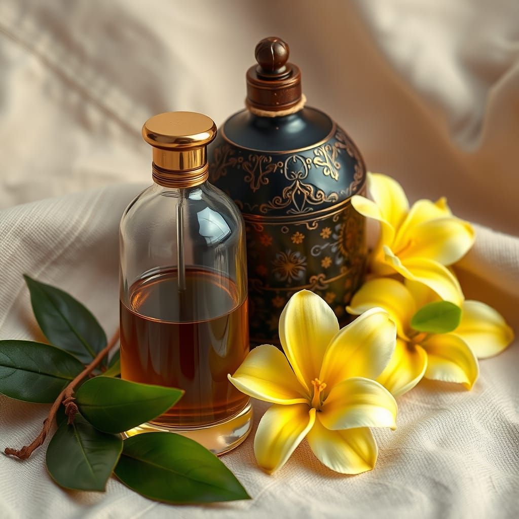 Elegant Ylang-Ylang and Patchouli Oil Still Life