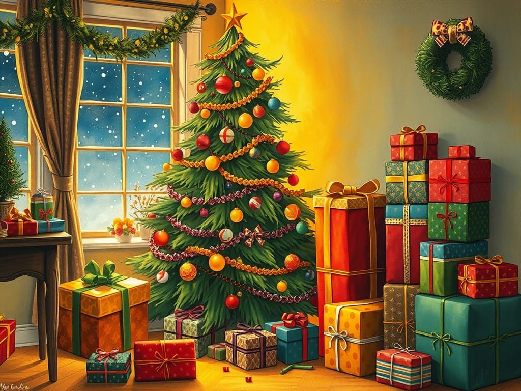 Warm Golden Christmas Scene with Vibrant Decorations and Gif...