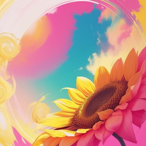 Pink Sunflower Gouache Painting in Retro-Futuristic Style