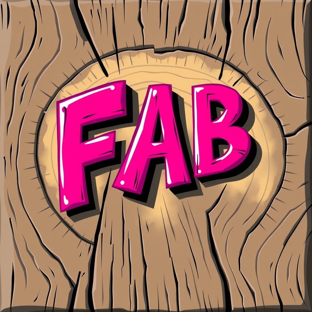 CARTOON logo says FAB, conveys the logo written on a wooden cartoon slab with cartoon style paint in FUCHSIA with stunni...