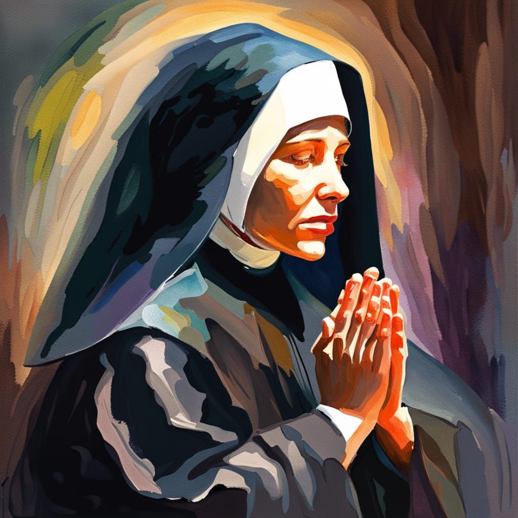 Sister Faustina Kowalska Praying in Gouache Style