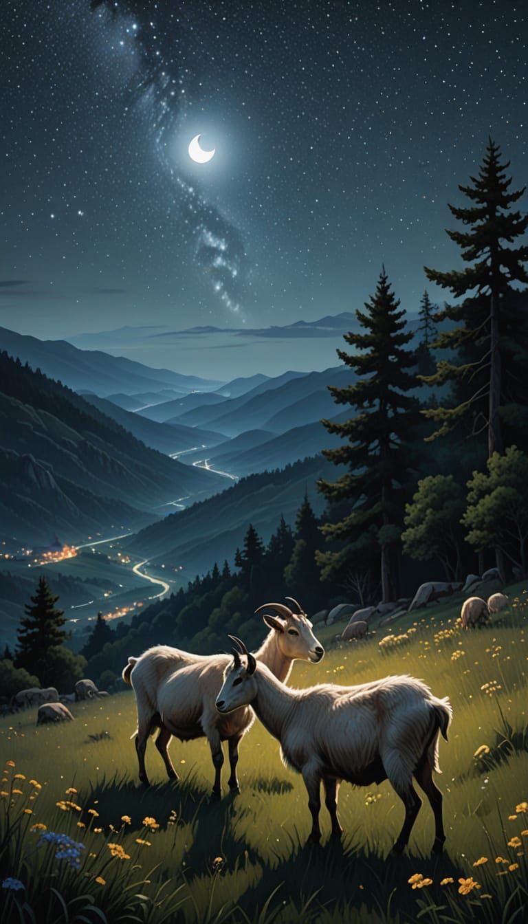 Serene Goat Couple in a Dreamy Night Landscape