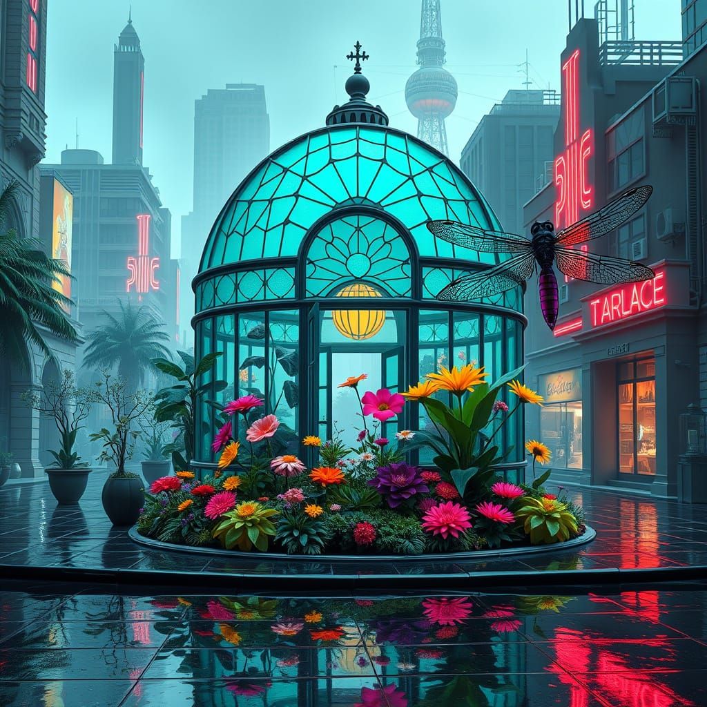 Cyberpunk Greenhouse with Turquoise Stained Glass
