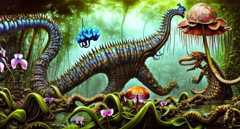 Blue Tatzelwurm Kaiju in Jungle, Hyperdetailed