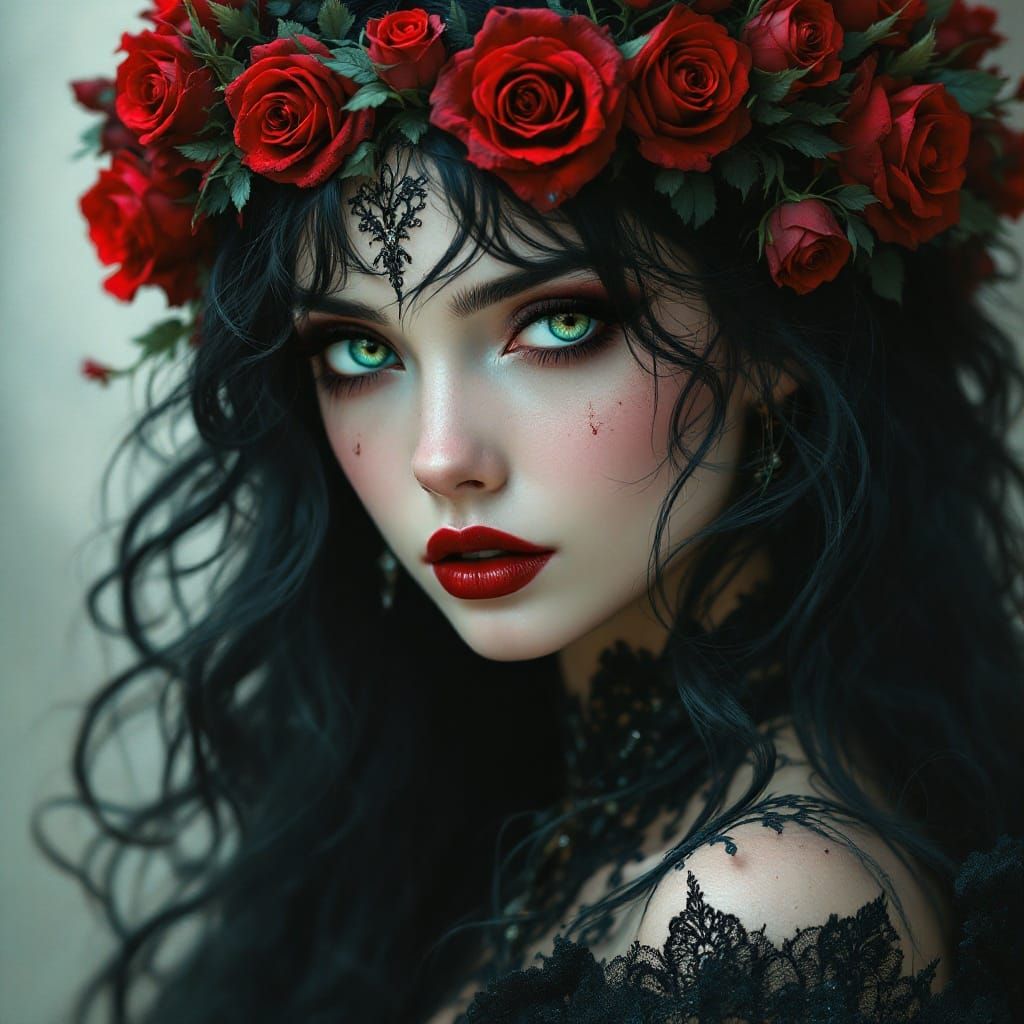 Gothic Goddess in Red Roses