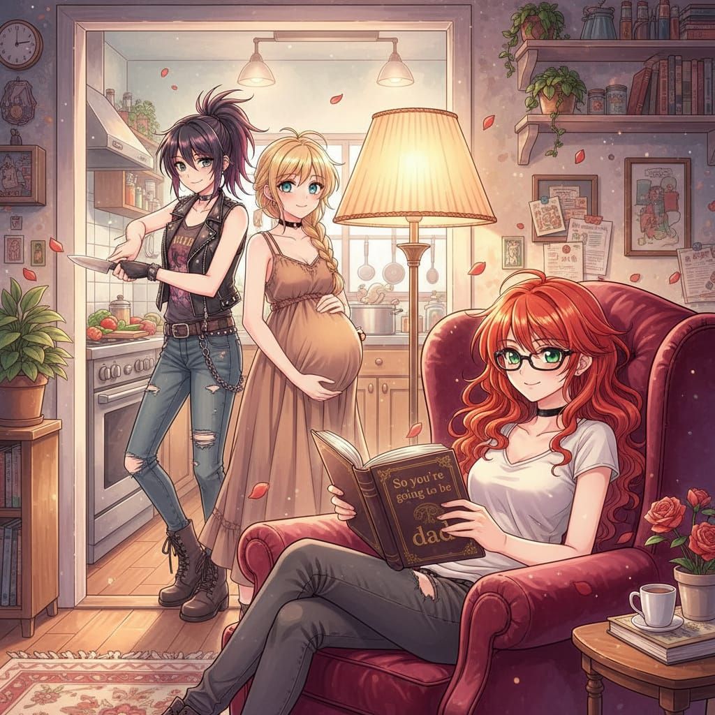 Shoujo Style Anime: Woman Reading in Cozy Living Room