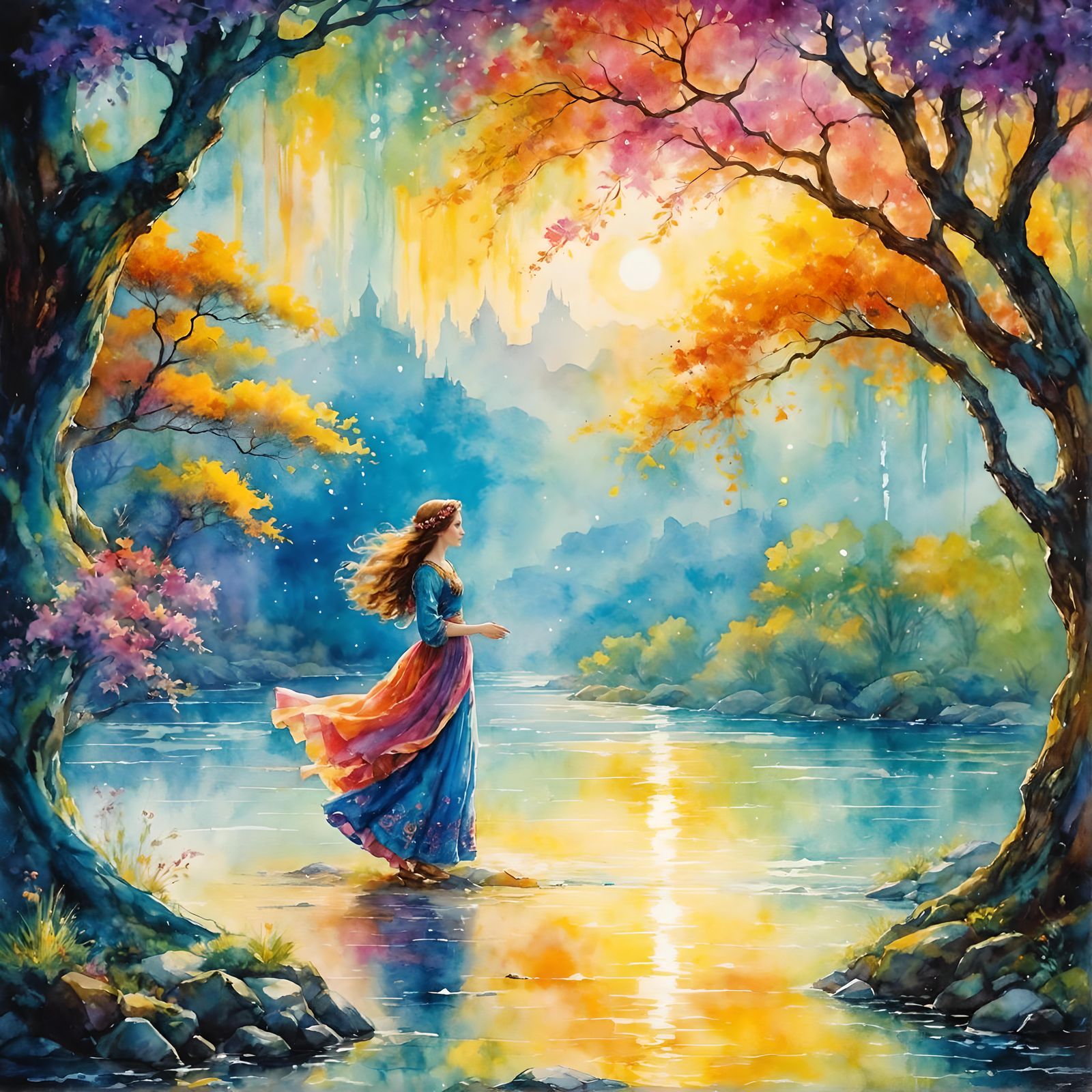 With colors blurring into each other,
Water and hues merging, no border,
Rain sails through the mystery of make-believe,...