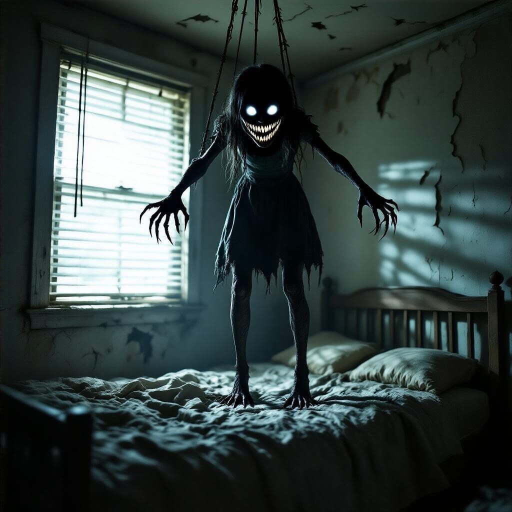 Eerie Moonlight Scene: Twisted Figure in Abandoned Bedroom