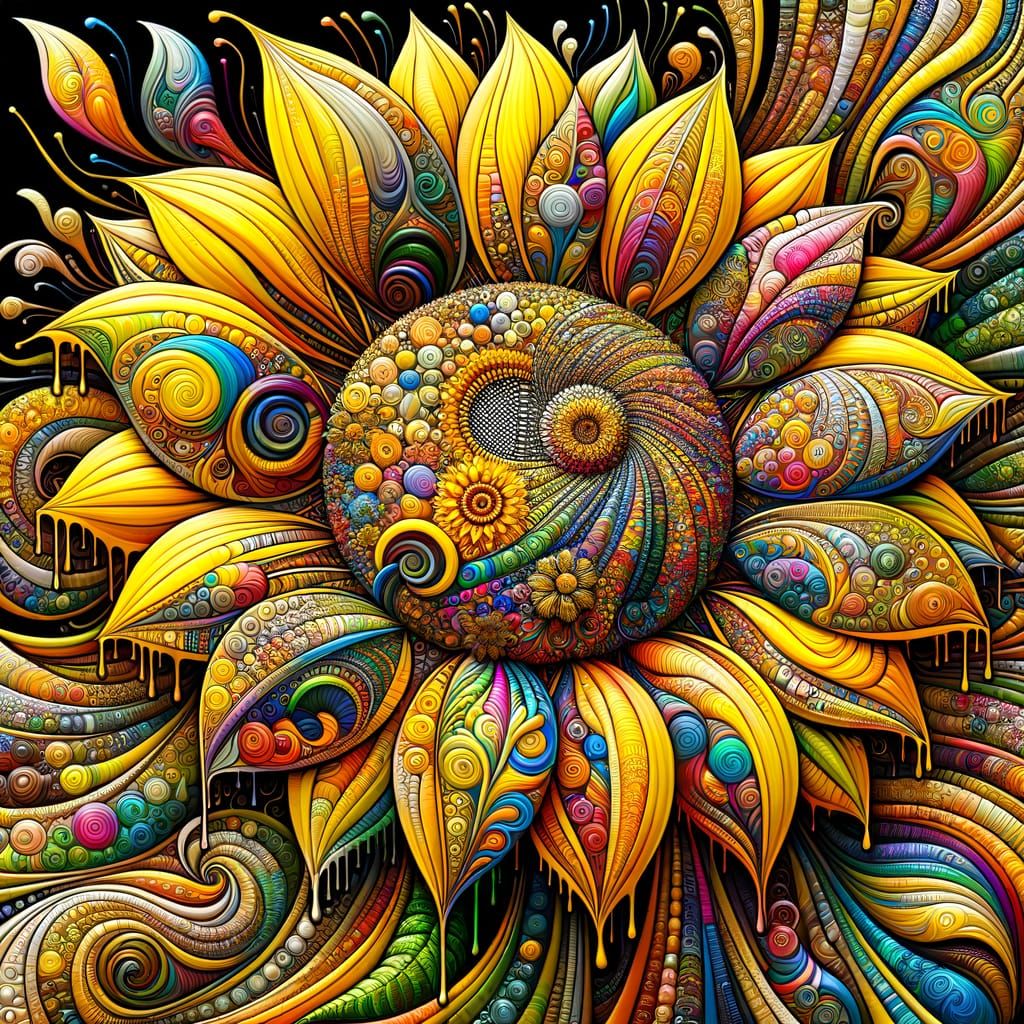 Vibrant Sunflower Mosaic in Dripping Paint and Zentangle Sty...